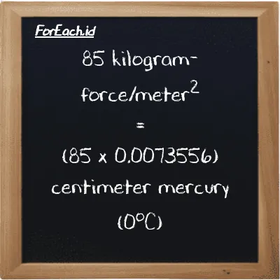 Cara konversi kilogram-force/meter<sup>2</sup> ke centimeter raksa (0<sup>o</sup>C) (kgf/m<sup>2</sup> ke cmHg): 85 kilogram-force/meter<sup>2</sup> (kgf/m<sup>2</sup>) setara dengan 85 dikalikan dengan 0.0073556 centimeter raksa (0<sup>o</sup>C) (cmHg)
